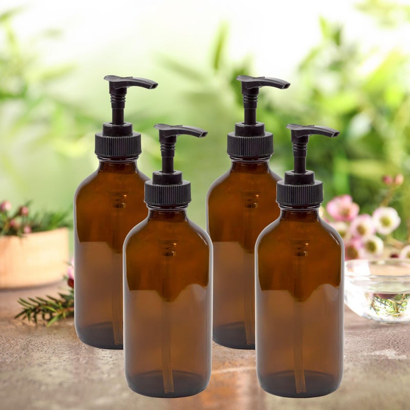 Cornucopia Brands 8oz Glass Pump Bottles (Pack of 4, Amber Brown) Lotion Soap Dispensers w/Black Plastic Pumps - Image 3